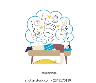 Mental disorders illustration. Procrastination - modern flat vector illustration of man suffering under the weight of problems and obligations. People emotional, psychological, mental traumas concept