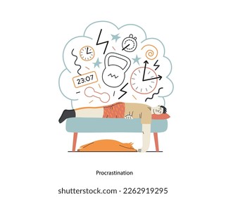 Mental disorders illustration. Procrastination - modern flat vector illustration of man suffering under the weight of problems and obligations. People emotional, psychological, mental traumas concept