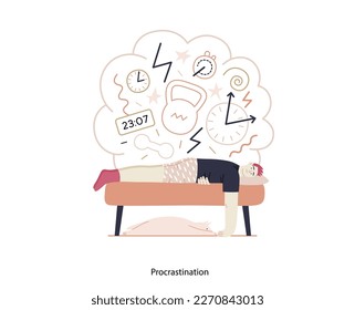 Mental disorders illustration. Procrastination - modern flat vector illustration of man suffering under the weight of problems and obligations. People emotional, psychological, mental traumas concept