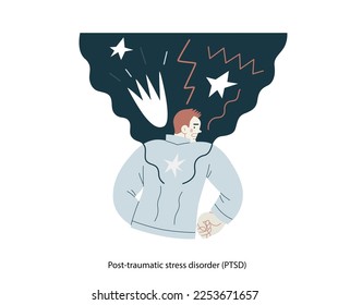 Mental disorders illustration. PTSD - modern flat vector illustration of a man meeting with traumatic stress experience - burst, explosion. People emotional, psychological, mental traumas concept