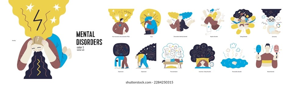 Mental disorders illustration set. PTSD anxiety -fears -dementia, depression, procrastination. Sleep, personality, mood, dissociative identity, bipolar and eating disorders. Emotional traumas concept