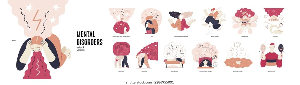 Mental disorders illustration set. PTSD anxiety -fears -dementia, depression, procrastination. Sleep, personality, mood, dissociative identity, bipolar and eating disorders. Emotional traumas concept