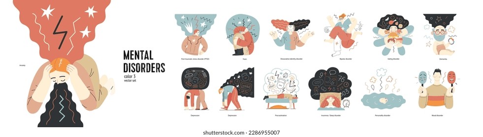 Mental disorders illustration set. PTSD anxiety -fears -dementia, depression, procrastination. Sleep, personality, mood, dissociative identity, bipolar and eating disorders. Emotional traumas concept