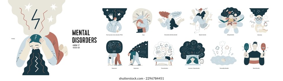 Mental disorders illustration set. PTSD anxiety -fears -dementia, depression, procrastination. Sleep, personality, mood, dissociative identity, bipolar and eating disorders. Emotional traumas concept