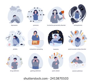 Mental disorders illustrations set. People with mental problems. Vector illustrations of mental unhealth