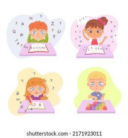 Mental disorders of kids set, dysgraphia, dyscalculia, dyslexia and autism vector illustration. Cartoon children suffering from inability to study arithmetic, writing and reading, social communication