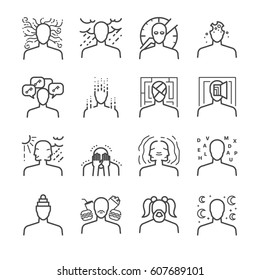 Mental disorders line icon set. Included the icons as symptoms, depressed, illness, sick, sad, stress and more.