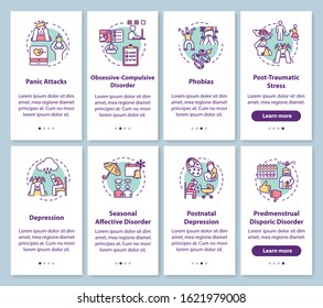 Mental disorders onboarding mobile app page screen with concepts. Psychological diseases walkthrough steps graphic instructions. Post traumatic stress. UI vector template with RGB color illustrations