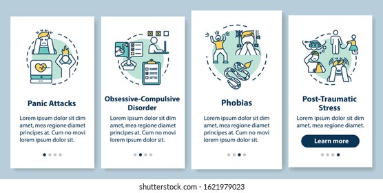 Mental disorders onboarding mobile app page screen with concepts. Psychological diseases walkthrough four steps graphic instructions. Panic attacks. UI vector template with RGB color illustrations