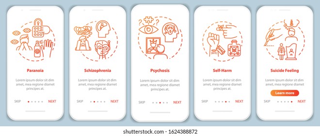 Mental disorders onboarding mobile app page screen with concepts. Paranoia. Psychological diseases walkthrough five steps graphic instructions. UI vector template with RGB color illustrations