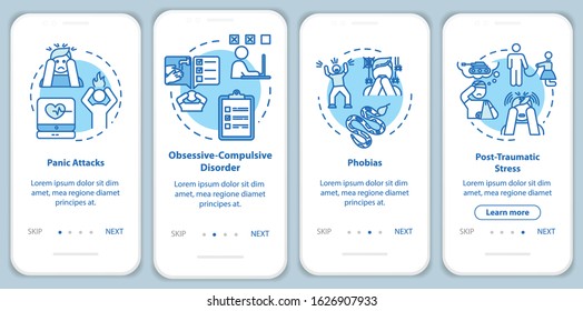 Mental disorders onboarding mobile app page screen with concepts. Panic attacks. Psychological diseases walkthrough four steps graphic instructions. UI vector template with RGB color illustrations