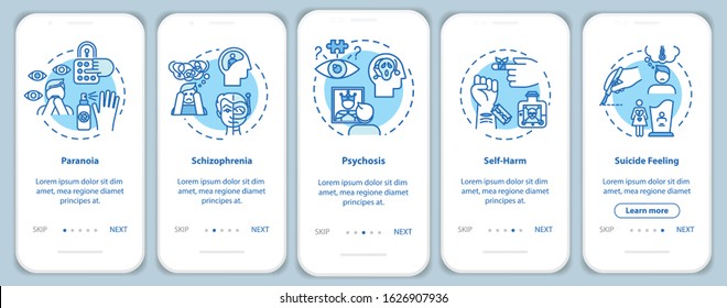 Mental disorders onboarding mobile app page screen with concepts. Schizophrenia. Psychological diseases walkthrough five steps graphic instructions. UI vector template with RGB color illustrations