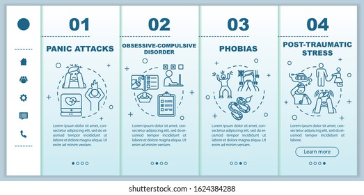 Mental disorders onboarding vector template. Psychological diseases. Panic attacks. obsessive compulsive disorder. Responsive mobile website, icons. Webpage walkthrough step screens. RGB color concept