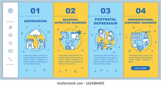 Mental disorders onboarding vector template. Psychological problems. Seasonal affective disorder. Depression. Responsive mobile website with icons. Webpage walkthrough step screens. RGB color concept