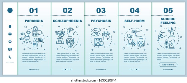 Mental disorders onboarding vector template. Psychological diseases. Schizophrenia. Paranoia. Suicide feeling. Responsive mobile website with icons. Webpage walkthrough step screens. RGB color concept