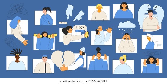 Mental disorders. People with burnout, confusion and depression mental illness. Neurodiversity community for help each others. Stressed persons. Vector outline illustration.