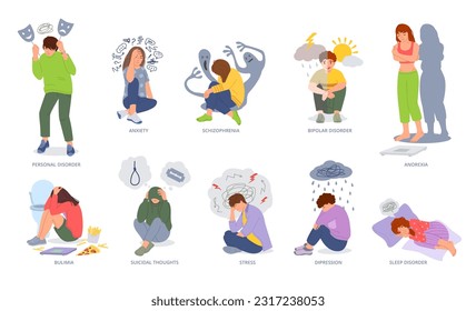 Psychische Störungen. Menschen psychiatrische Probleme, verschiedene psychische Erkrankungen und psychische Krankheiten Vektorgrafik Set. Jungen und Mädchen mit Angst, Schizophrenie und Anorexie