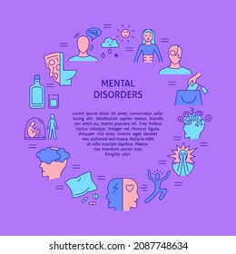 Banner de concepto redondeado de trastornos mentales en estilo de línea de color. Afiche de problemas psicológicos con lugar para el texto. Ilustración vectorial.