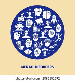 Mental disorders round concept poster with text. Psychological problems and illnesses banner in flat style. Vector illustration.