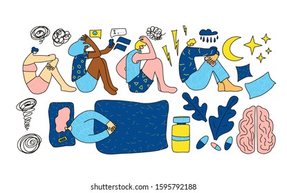 Mental disorders set. Collection of people with psychological issues. Tired persons with different problems isolated on white background. Men and women with special needs. Vector illustration.