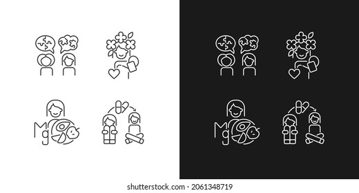 Mental disorders treatment linear icons set for dark and light mode. Depression therapy. Psychotherapy. Customizable thin line symbols. Isolated vector outline illustrations. Editable stroke
