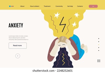 Plantilla web de trastornos mentales. Ansiedad- moderna ilustración vectorial plana de una mujer vómito, reuniéndose con una experiencia de estrés- ráfaga, explosión. Concepto de traumas emocionales, psicológicos y mentales