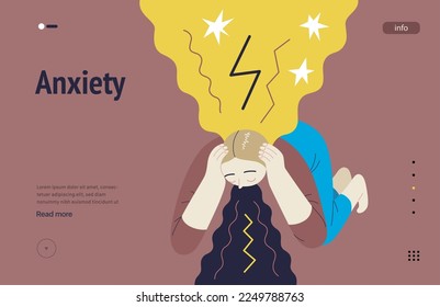 Mental disorders web template. Anxiety- modern flat vector illustration of a woman vomiting, meeting with a stress experience- burst, explosion. People emotional, psychological, mental traumas concept