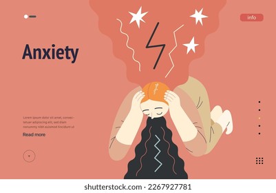 Mental disorders web template. Anxiety- modern flat vector illustration of a woman vomiting, meeting with a stress experience- burst, explosion. People emotional, psychological, mental traumas concept