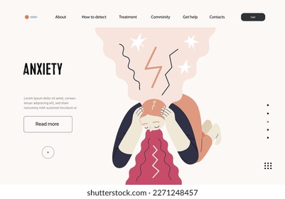 Webvorlage für psychische Störungen. Angst - moderne flache Vektorgrafik einer Frau Erbrechen, Treffen mit einer Stresserfahrung - Bersten, Explosion. Konzept der Menschen für emotionale, psychologische, psychische Traumata