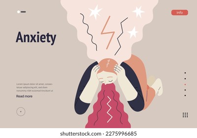 Mental disorders web template. Anxiety- modern flat vector illustration of a woman vomiting, meeting with a stress experience- burst, explosion. People emotional, psychological, mental traumas concept