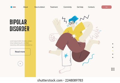 Plantilla web de trastornos mentales. Trastorno bipolar - moderna ilustración plana vectorial de un hombre que se encuentra con una enfermedad mental, hiperactividad. Concepto de traumas emocionales, psicológicos y mentales