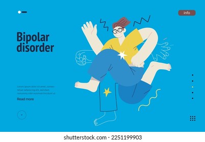 Plantilla web de trastornos mentales. Trastorno bipolar - moderna ilustración plana vectorial de un hombre que se encuentra con una enfermedad mental, hiperactividad. Concepto de traumas emocionales, psicológicos y mentales