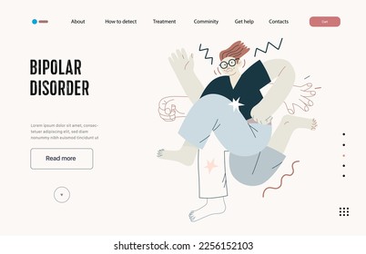 Plantilla web de trastornos mentales. Trastorno bipolar - moderna ilustración plana vectorial de un hombre que se encuentra con una enfermedad mental, hiperactividad. Concepto de traumas emocionales, psicológicos y mentales