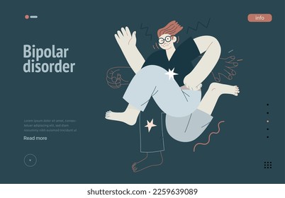 Plantilla web de trastornos mentales. Trastorno bipolar - moderna ilustración plana vectorial de un hombre que se encuentra con una enfermedad mental, hiperactividad. Concepto de traumas emocionales, psicológicos y mentales