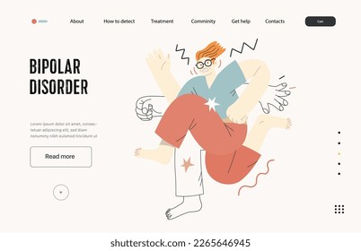 Mental disorders web template. Bipolar disorder - modern flat vector illustration of a man meeting with a mental disease, hyperactivity. People emotional, psychological, mental traumas concept