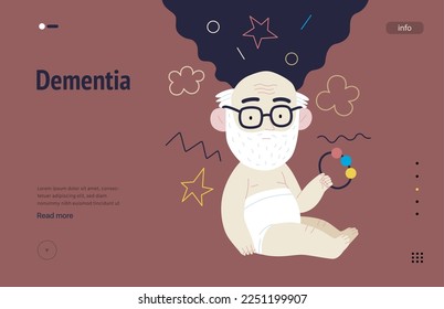 Mental disorders web template. Dementia- modern flat vector illustration of elderly man, weakening of cognitive function, return to childhood. People emotional, psychological, mental traumas concept