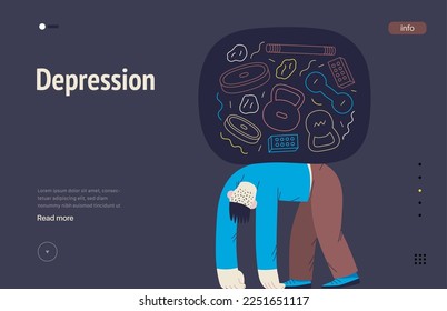 Plantilla web de trastornos mentales. Depresión - moderna ilustración vectorial plana del hombre cansado que sufre bajo el peso de problemas y obligaciones. Concepto de traumas emocionales, psicológicos y mentales