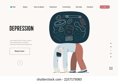 Mental disorders web template. Depression - modern flat vector illustration of tired man suffering under the weight of problems and obligations. People emotional, psychological, mental traumas concept