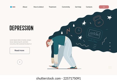 Mental disorders web template. Depression - modern flat vector illustration of tired man suffering under the weight of problems and obligations. People emotional, psychological, mental traumas concept