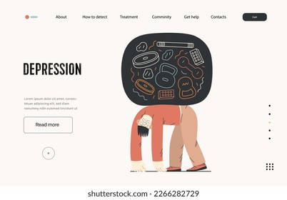 Plantilla web de trastornos mentales. Depresión - moderna ilustración vectorial plana del hombre cansado que sufre bajo el peso de problemas y obligaciones. Concepto de traumas emocionales, psicológicos y mentales