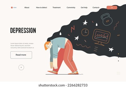 Mental disorders web template. Depression - modern flat vector illustration of tired man suffering under the weight of problems and obligations. People emotional, psychological, mental traumas concept