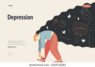 Mental disorders web template. Depression - modern flat vector illustration of tired man suffering under the weight of problems and obligations. People emotional, psychological, mental traumas concept