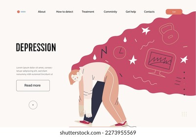 Mental disorders web template. Depression - modern flat vector illustration of tired man suffering under the weight of problems and obligations. People emotional, psychological, mental traumas concept