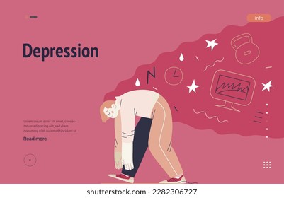 Mental disorders web template. Depression - modern flat vector illustration of tired man suffering under the weight of problems and obligations. People emotional, psychological, mental traumas concept