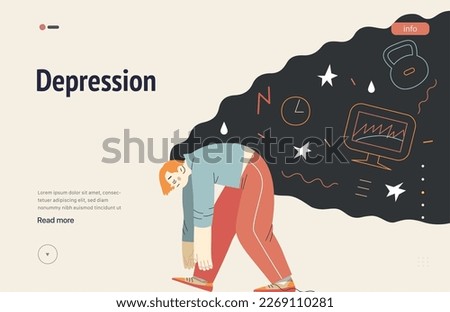 Mental disorders web template. Depression - modern flat vector illustration of tired man suffering under the weight of problems and obligations. People emotional, psychological, mental traumas concept