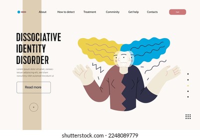 Mental disorders web template. Dissociative identity disorder - modern flat vector illustration of a woman meeting with split personality. People emotional, psychological, mental traumas concept