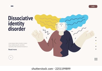 Plantilla web de trastornos mentales. Trastorno de identidad disociativa - moderna ilustración vectorial plana de una mujer que se reúne con personalidad dividida. Concepto de traumas emocionales, psicológicos y mentales
