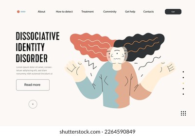 Plantilla web de trastornos mentales. Trastorno de identidad disociativa - moderna ilustración vectorial plana de una mujer que se reúne con personalidad dividida. Concepto de traumas emocionales, psicológicos y mentales