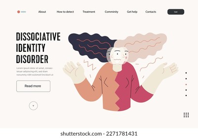 Plantilla web de trastornos mentales. Trastorno de identidad disociativa - moderna ilustración vectorial plana de una mujer que se reúne con personalidad dividida. Concepto de traumas emocionales, psicológicos y mentales