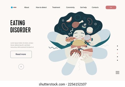 Mental disorders web template. Eating disorder - modern flat vector illustration of a woman stuffing herself meeting with a stress experience. People emotional, psychological, mental traumas concept